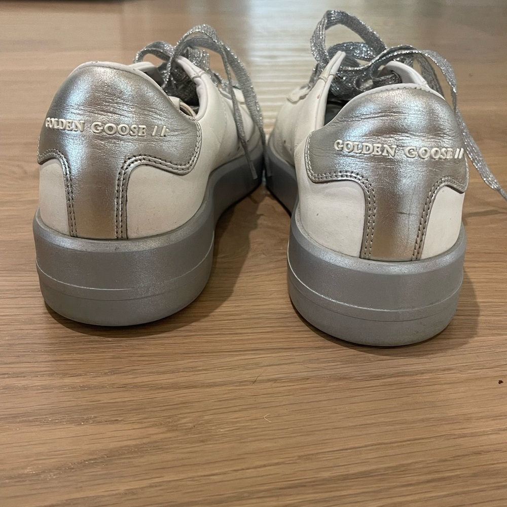 Golden Goose Metallic Silver and White Sneakers